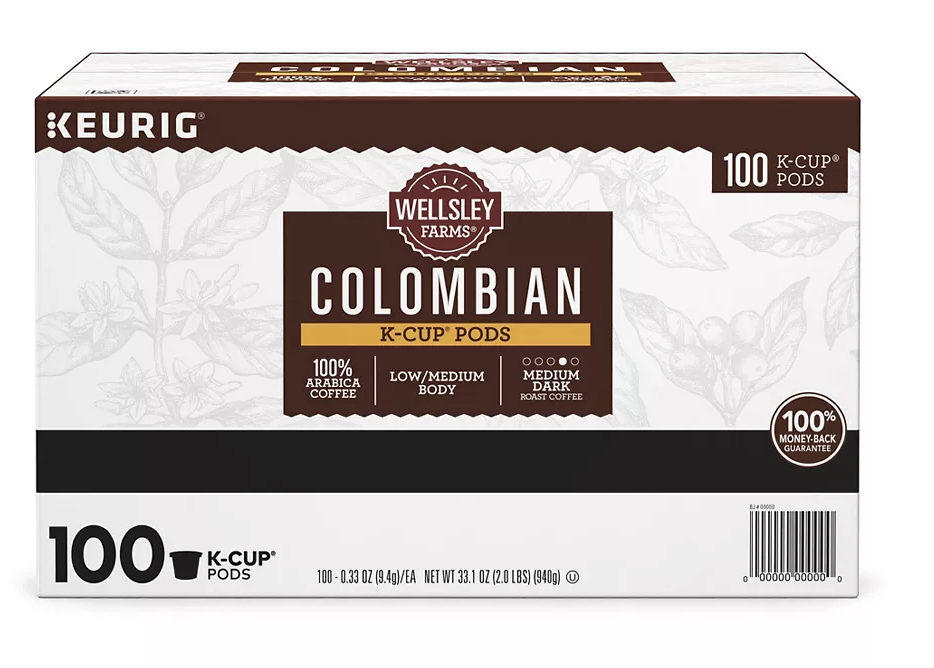 Wellsley Farms Colombian K-Cup Coffee Pods, 100% Arabica, Medium Dark , 100 ct