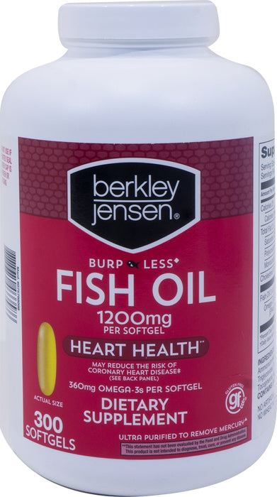 Berkley Jensen 1200 mg Burp Less Fish Oil Dietary Supplement Softgels, 300 ct