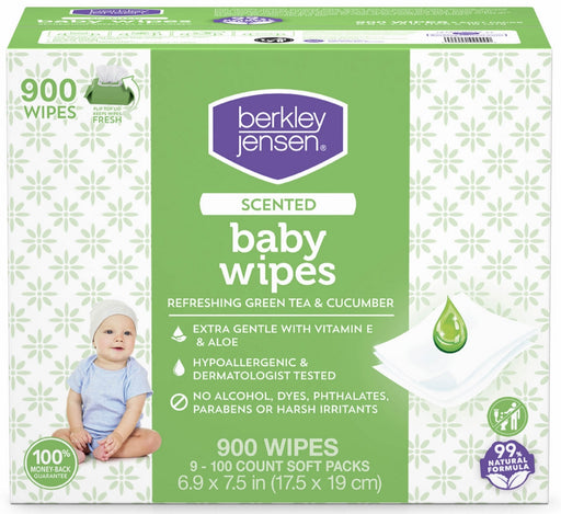 Berkley Jensen Green Tea & Cucumber Scented Baby Wipes, 9 x 100 ct