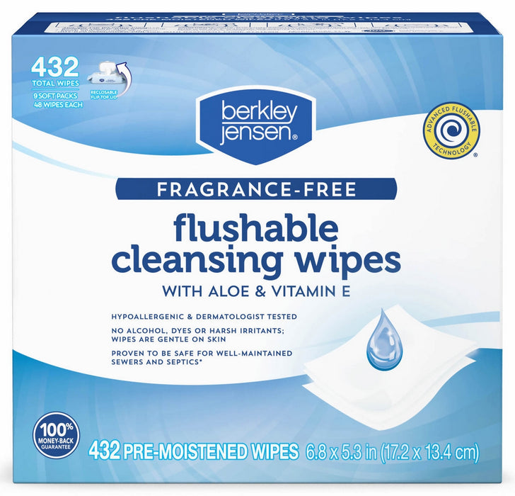 Berkley Jensen Flushable Cleansing Wipes, 9 x 48 ct