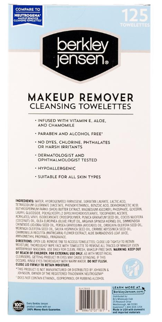 Berkley Jensen Makeup Remover Cleansing Towelettes, 125 ct