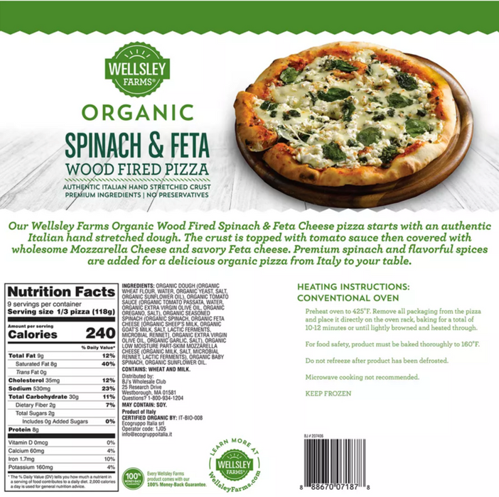 Wellsley Farms Organic Spinach & Feta Wood Fired Frozen Pizza , 3 x 12.5 oz