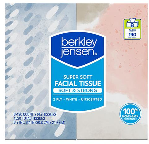 Berkley Jensen Super Soft 2 Ply Facial Tissue, 8-Pack, 190 ct