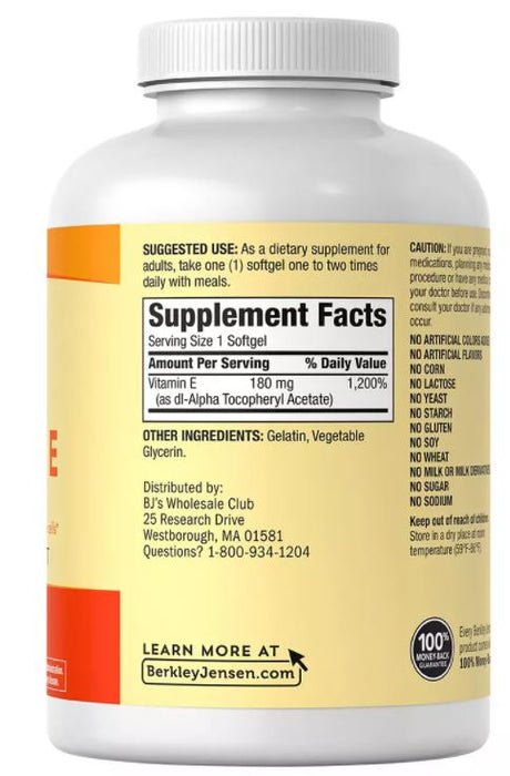 Berkley Jensen Vitamin E Softgels 180 MG, 500 ct