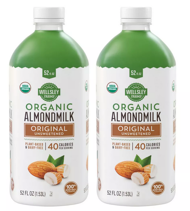 Wellsley Farms USDA Organic Unsweetened Original Almond Milk, 2-Pack, 2 x 52 oz