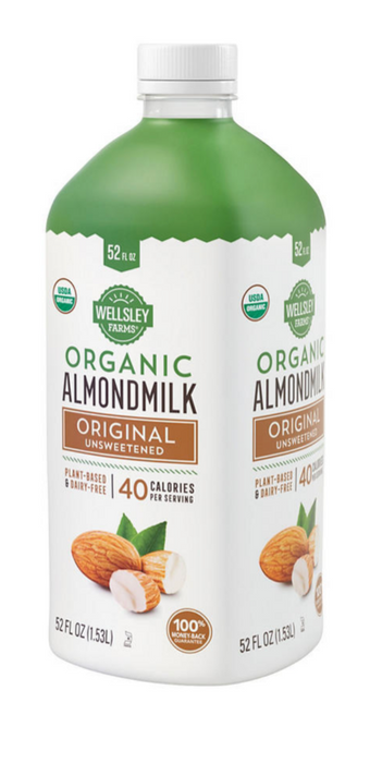 Wellsley Farms USDA Organic Unsweetened Original Almond Milk, 2-Pack, 2 x 52 oz