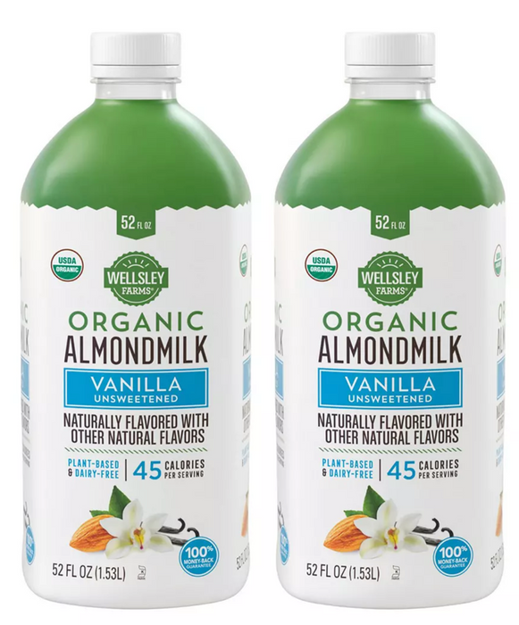 Wellsley Farms USDA Organic Sweetened Vanilla Original Almond Milk, 2-Pack, 2 x 52 oz