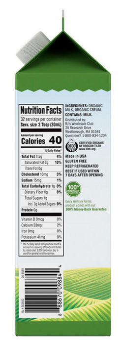 Wellsley Farms Organic Half & Half , 946 ml