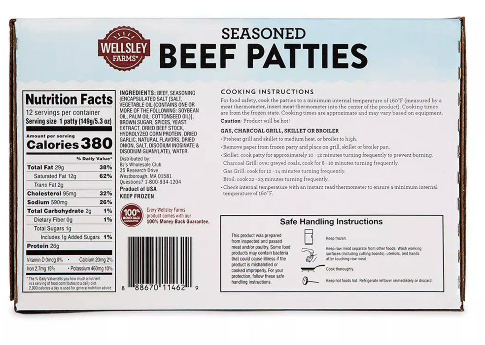 Wellsley Farms Frozen Seasoned Beef Patties, 12-Pack, 64 oz