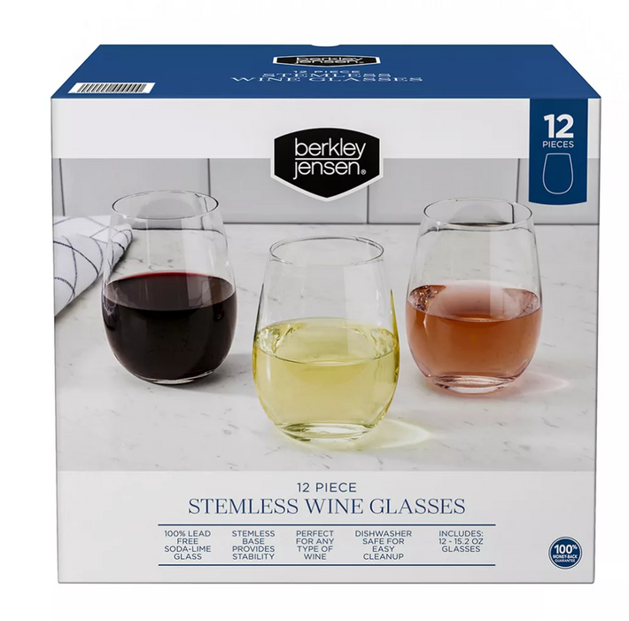 Berkley Jensen 12-Piece Stemless Wine Glass Set , 15.2 oz