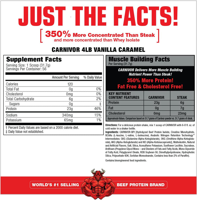 MuscleMeds Carnivor Beef Protein Isolate Protein Powder, Vanilla Caramel Flavor, 4 lbs