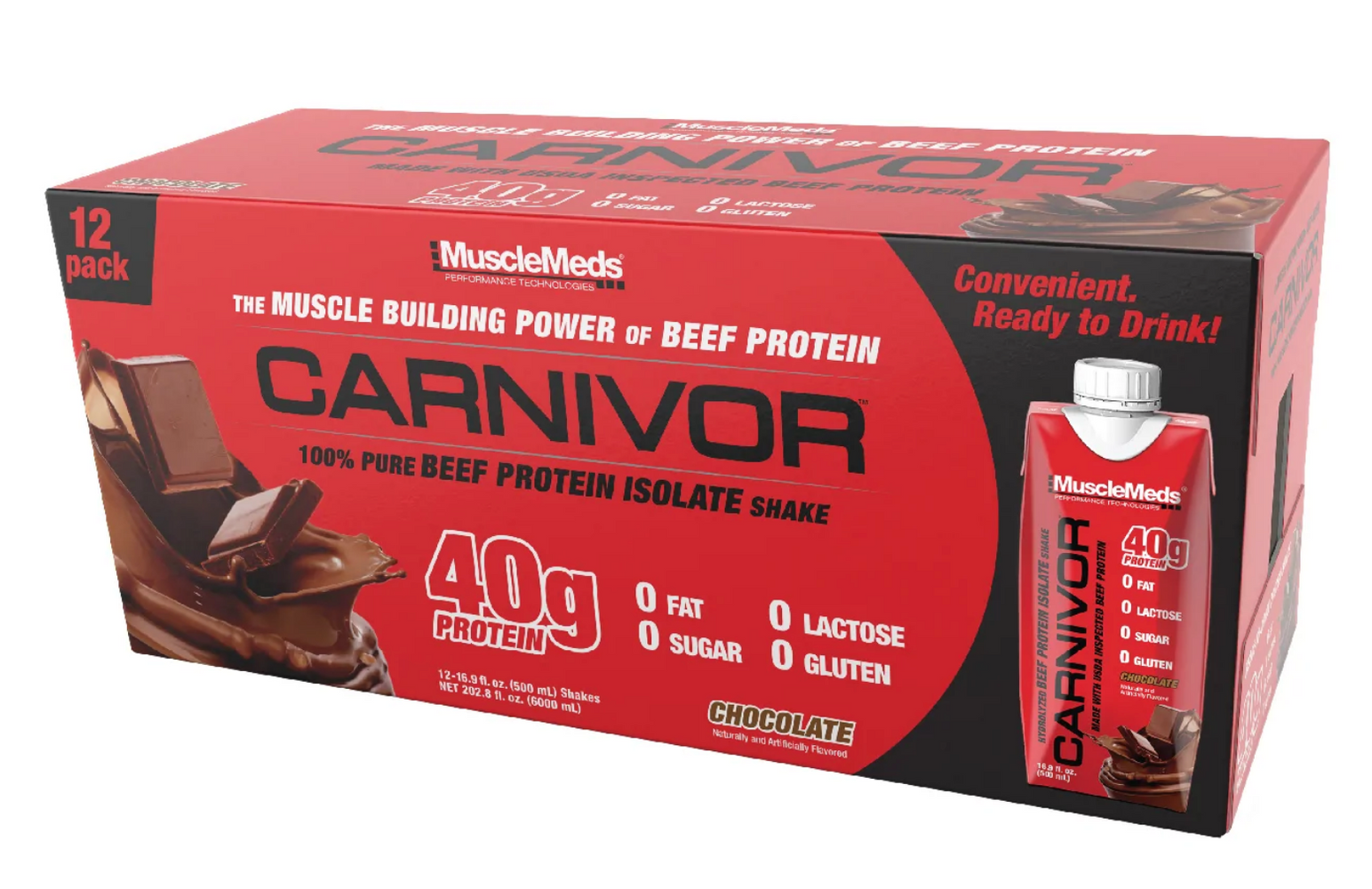 MuscleMeds Carnivor Ready-To-Drink Beef Protein Isolate Protein Shake, Chocolate Flavor, 12 ct
