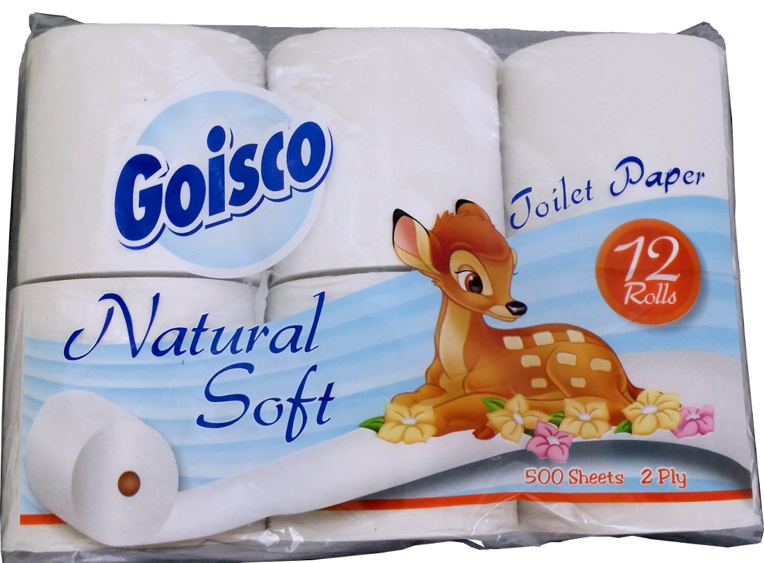 Goisco Natural Soft Toilet Paper, 500 2-ply sheets, 12 rolls
