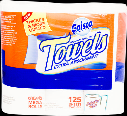 Goisco Extra Absorbent Premium Quality Kitchen Towels, 125 sheets, 2-ply, 3 ct