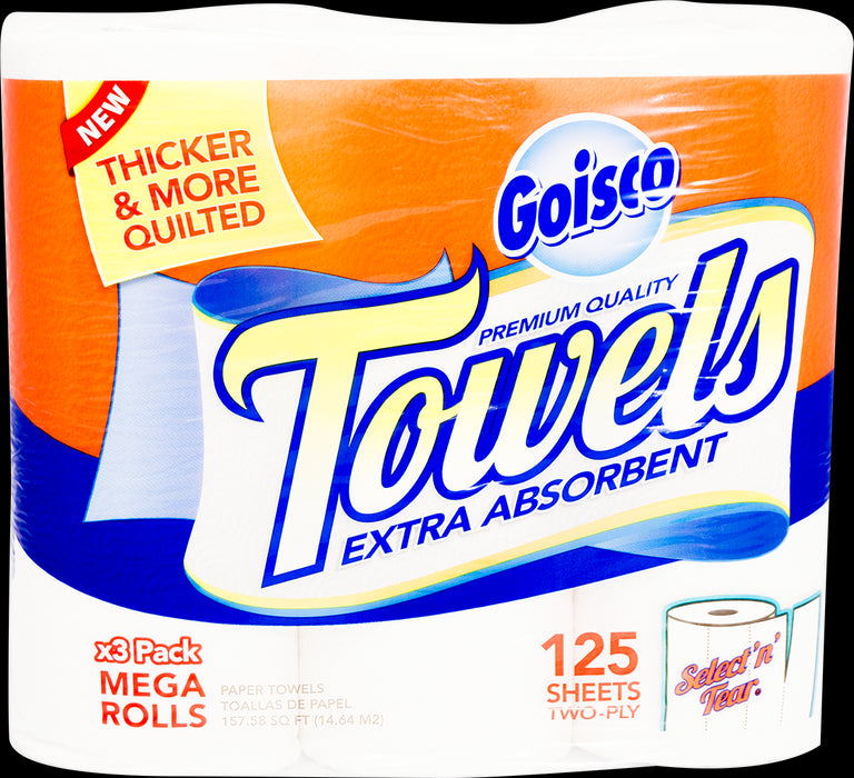 Goisco Extra Absorbent Premium Quality Kitchen Towels, 125 sheets, 2-ply, 3 ct
