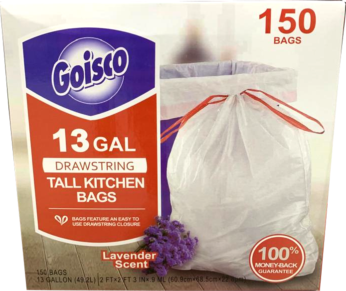 Goisco Drawstring Tall Kitchen Bags, 13 Gallons, 150 ct