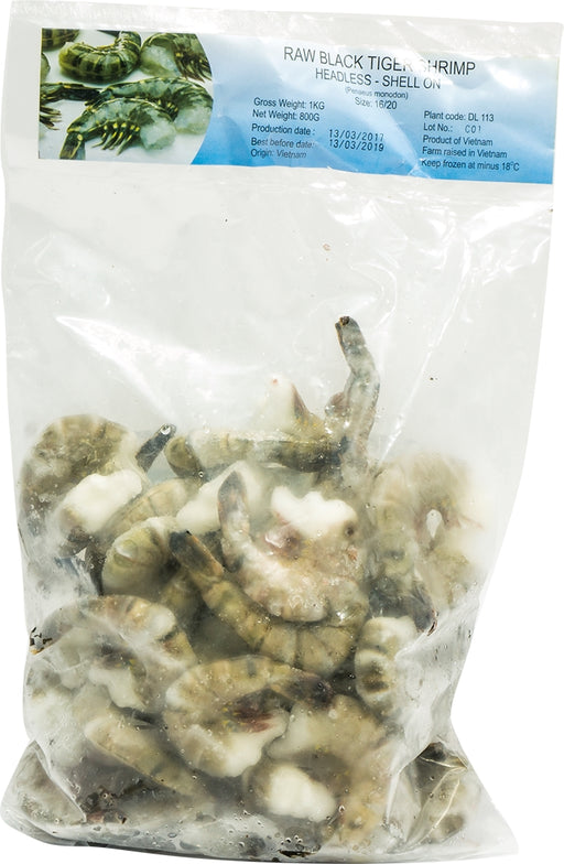 Raw Black Tiger Shrimp, Headless, Shell On, Size 16/20