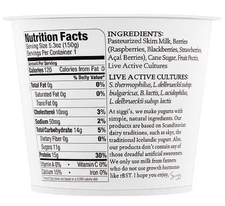 Siggi's Mixed Berries & Acai, Strained Non-Fat Yogurt , 5.3 oz