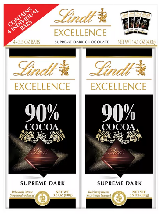 Lindt Excellence 90% Cocoa Supreme Dark Chocolate, 4-Pack, 4 x 3.5 oz