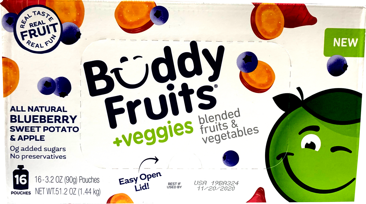 Buddy Fruits Veggies Blueberry, Sweet Potato & Apple Pouches, 16 x 3.2 oz