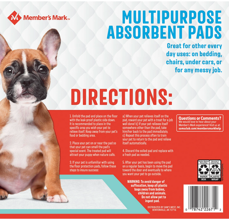 Member's Mark Multi Purpose Asborbent Pads For Dogs, 120 ct