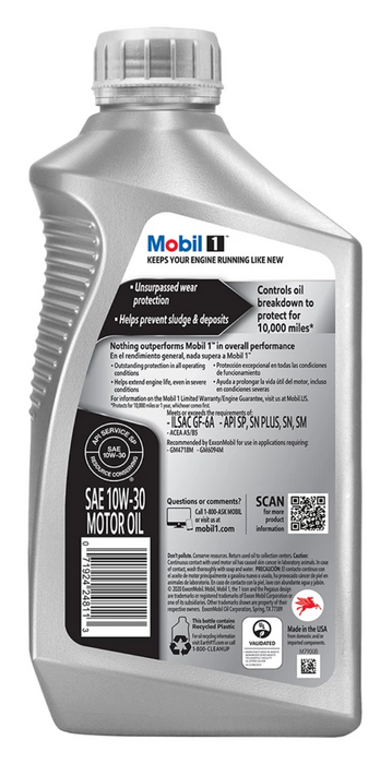 Mobil 1 10W-30 Full Synthetic Motor Oil , 1 qt