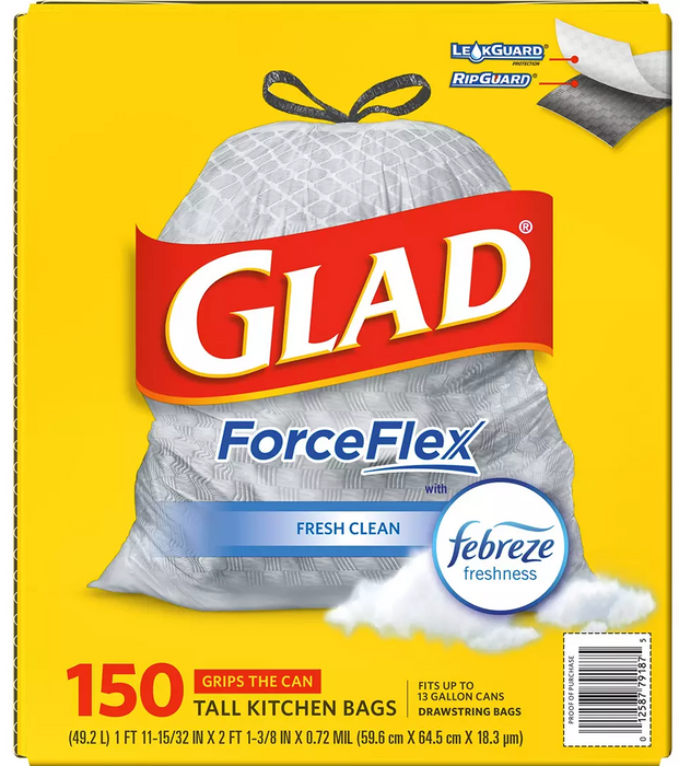 Glad ForceFlex 13-Gallon Drawstring Trash Bags, 150 ct