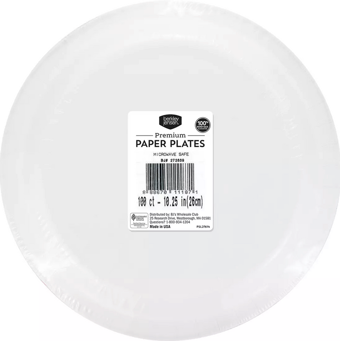 Berkley Jensen Premium White Paper Plates, 100 x 10.25 in