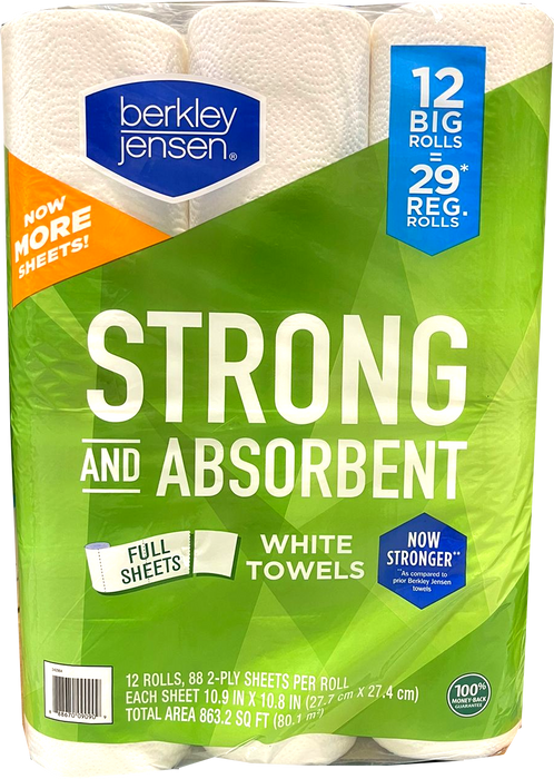 Berkley Jensen Strong & Absorbent Paper Towels, 88 2-Ply Sheets , 12 ct