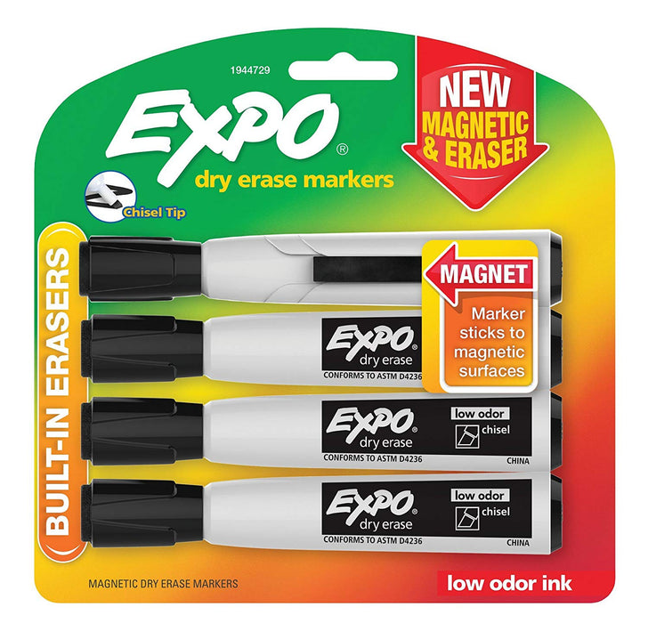 Expo Dry Erase Markers With Magnet and Eraser, Black, Chisel Tip 4 ct